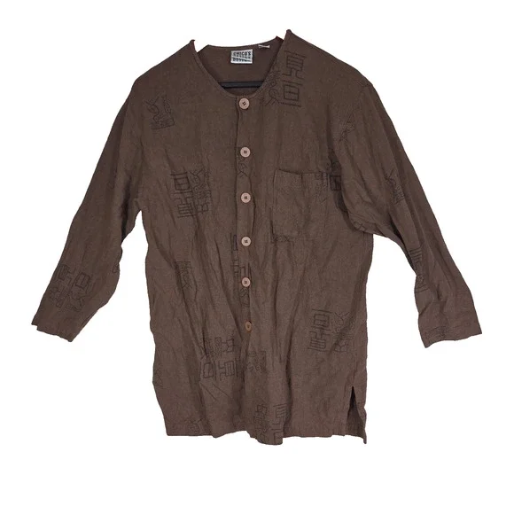 VTG Chicos Design Button Shirt Womens 0 Large Brown Geometric Long Sleeve Aztec - Picture 1 of 12